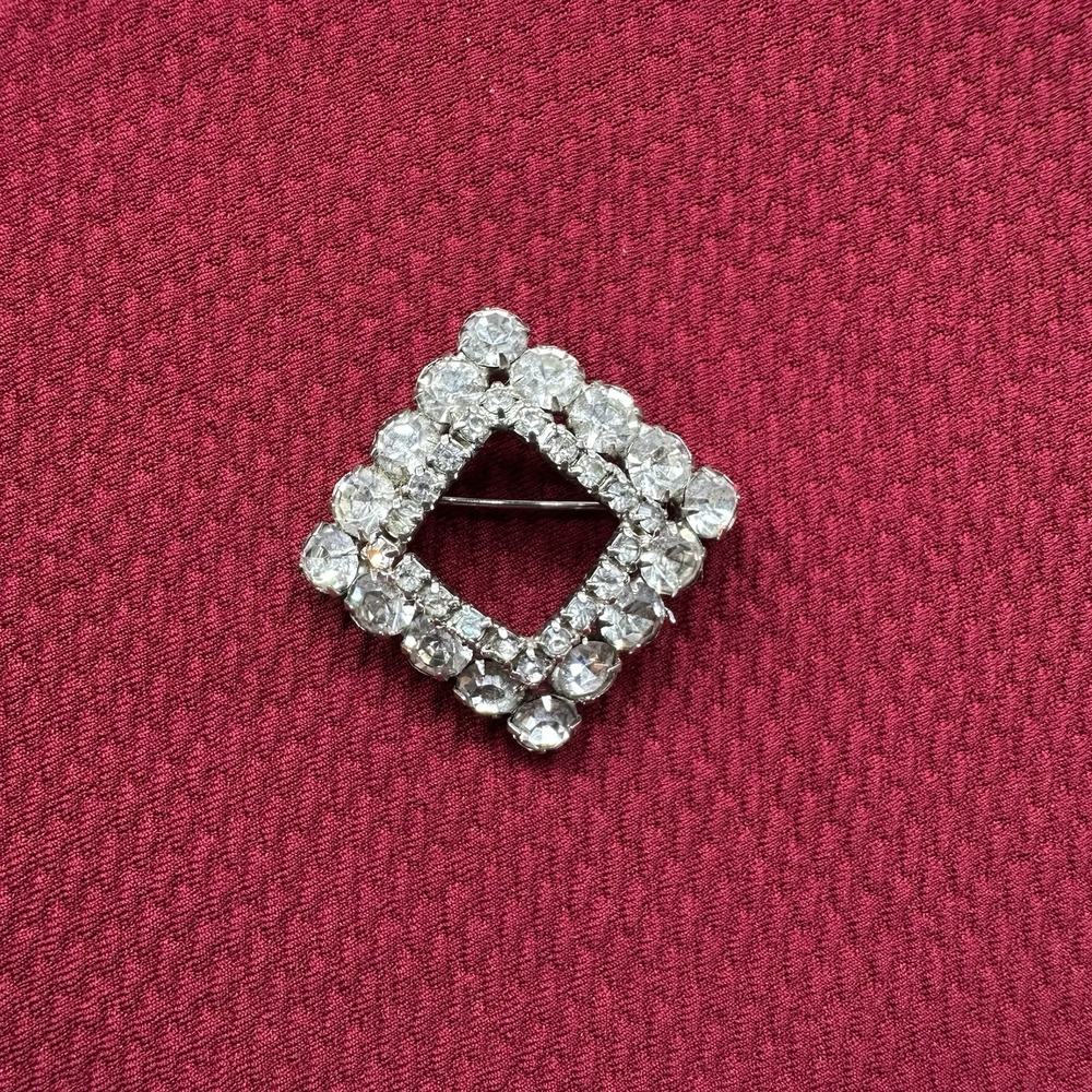 Vintage Estate Rhombus Shape with Round Prong Set Rhinestones Concave Brooch Pin